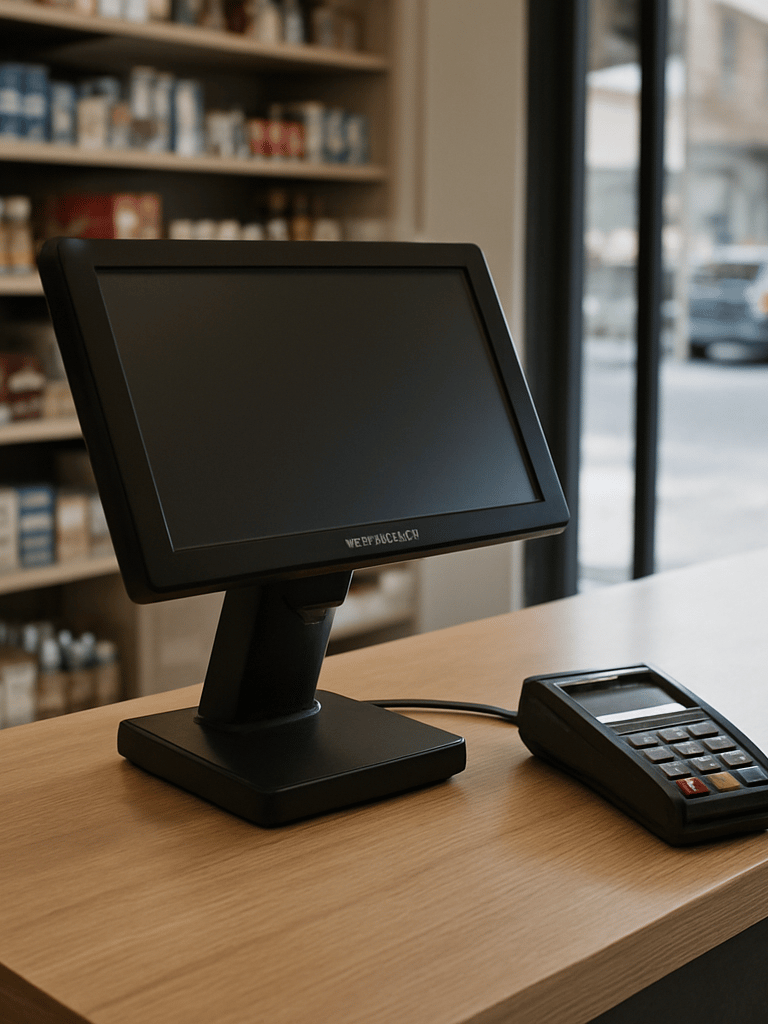 Wide environmental shot of a retail store counter with a PuntoFirme POS terminal mounted in position, a card reader visible in the foreground, daylight through storefront window illuminating the counter, no staff posed, documentary journalism framing