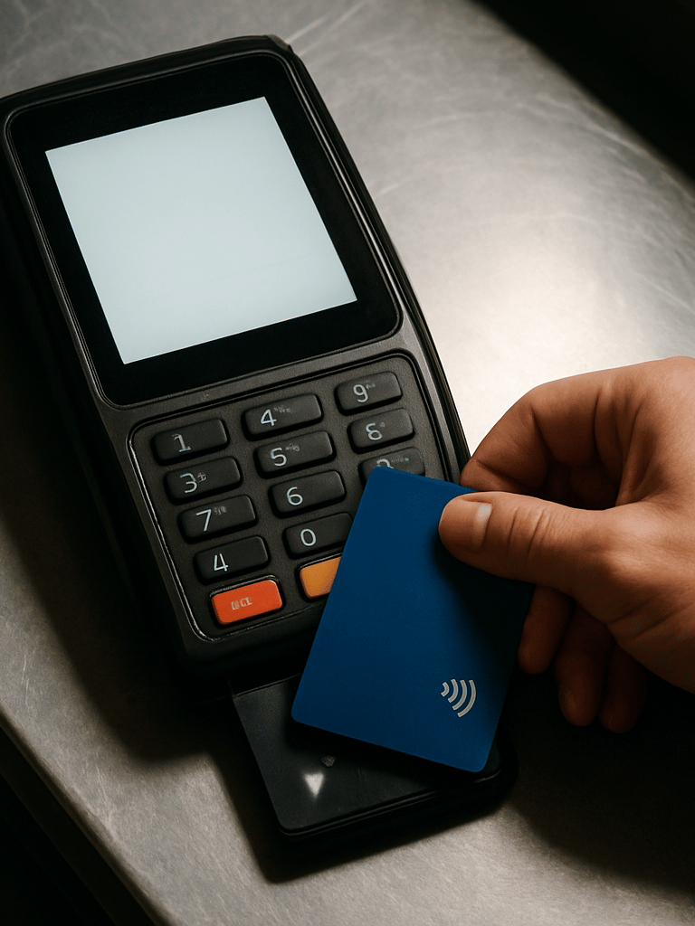 Close-up overhead view of a POS terminal screen showing an active order on a restaurant counter, a hand tapping a payment card on the reader, harsh fluorescent light from above, documentary style, no faces visible
