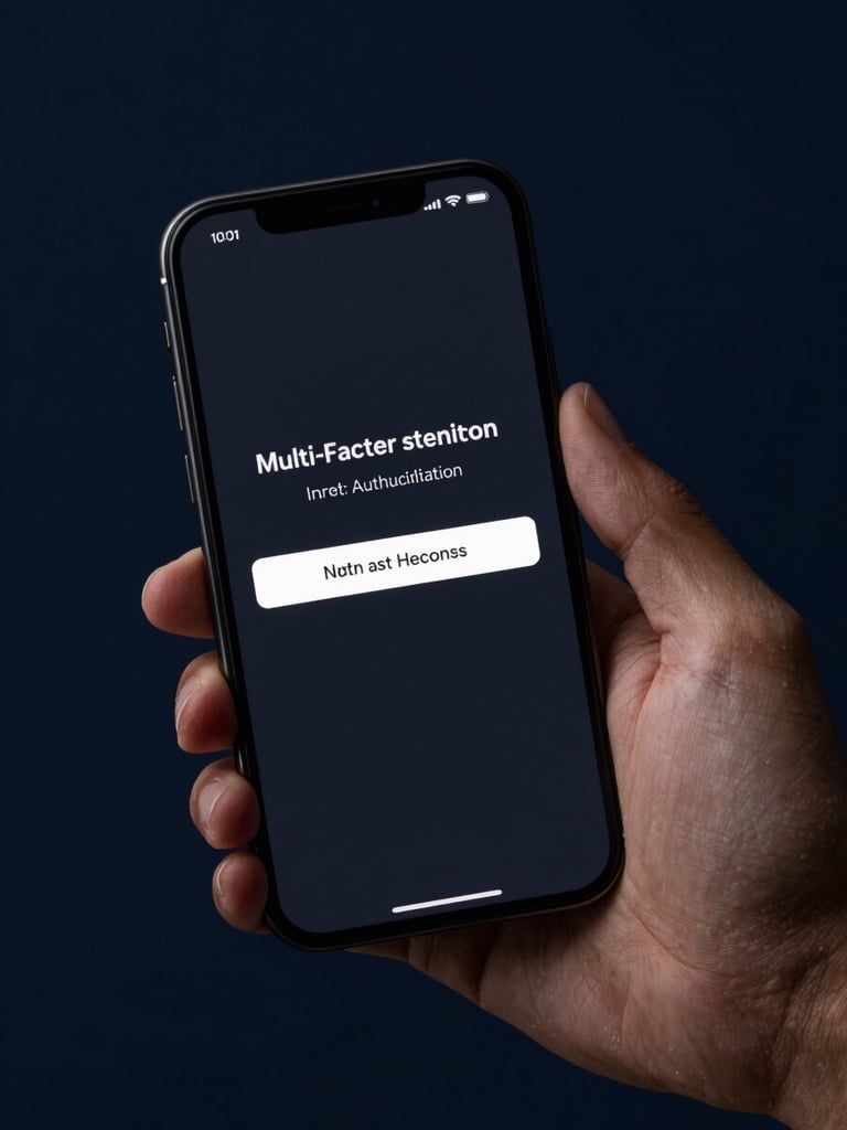 Close-up of a smartphone screen displaying a multi-factor authentication prompt, clean dark UI, studio strobe lighting, high contrast, device held in hand against deep navy background