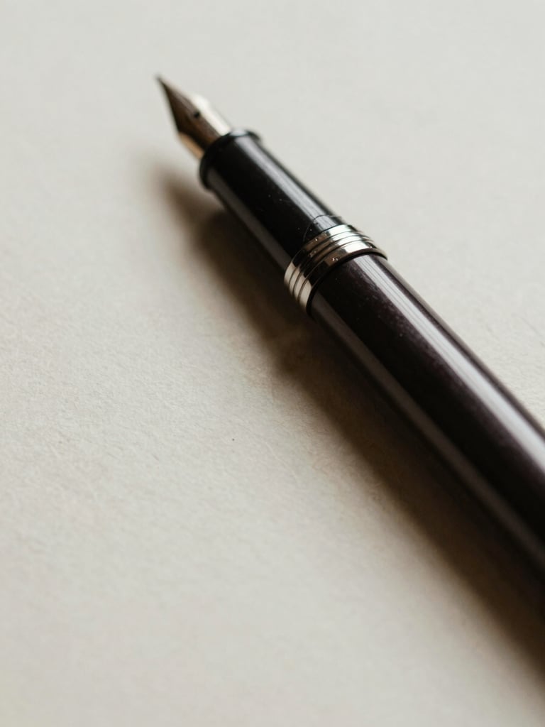 Close-up of a fountain pen resting on heavy deckled-edge paper, soft side lighting highlighting the texture of the cotton fibers, shallow depth of field