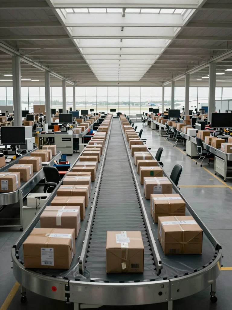 Wide environmental shot of an airport-adjacent parcel sortation facility interior, overcast daylight through skylights illuminating rows of conveyor belts and labeled packages in organized bins, shot from ground level looking down the length of the facility showing operational scale and order