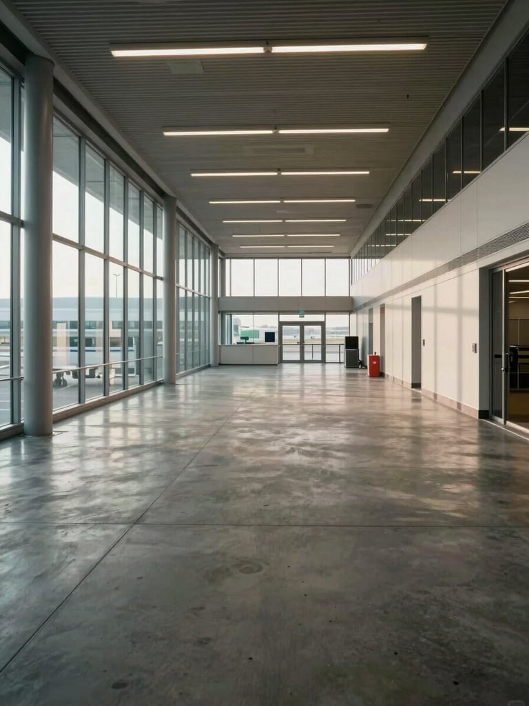 Wide-angle interior corridor of a modern operational building near an airport, polished concrete floors, high ceilings with industrial lighting fixtures, access-controlled door visible at the far end, natural daylight entering from clerestory windows, no people