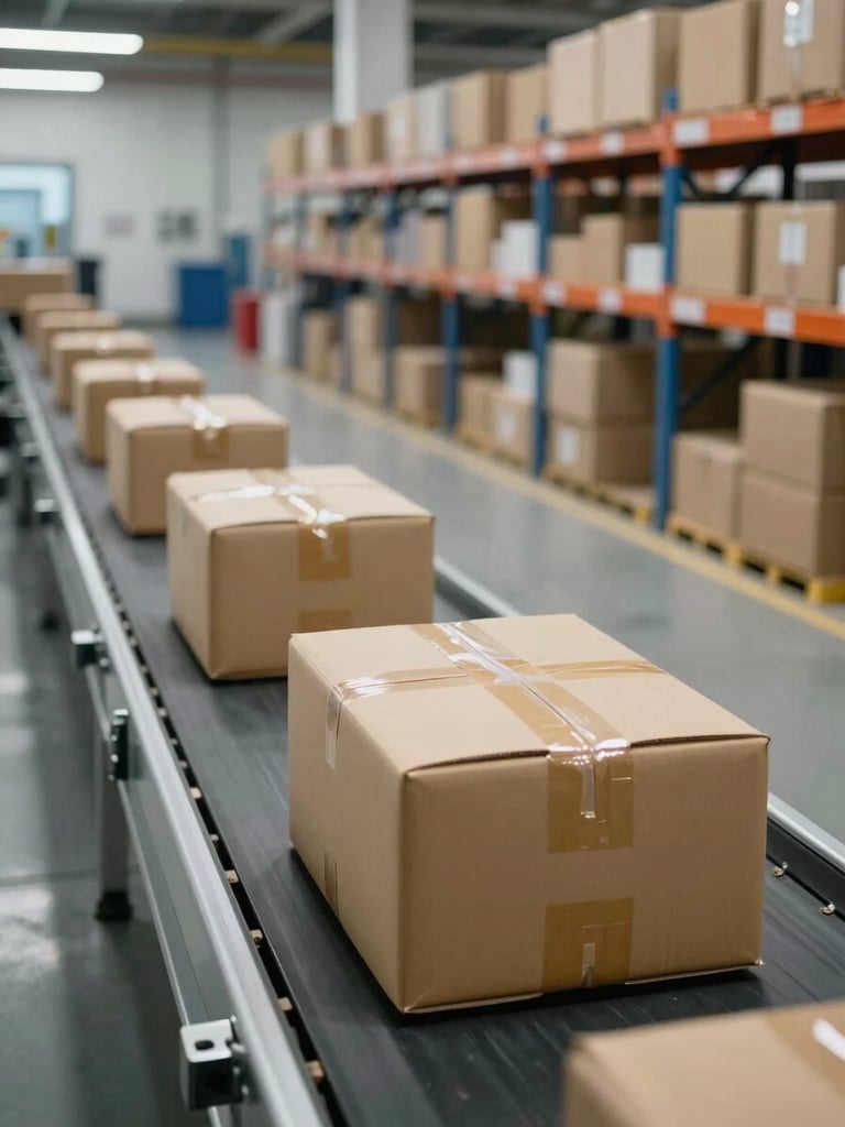 Eye-level shot inside a logistics sorting facility near an airport, parcels on a conveyor belt moving left to right under controlled industrial lighting, shelving racks visible in background, focus sharp on the nearest parcel batch, facility scale evident — no people, no faces, no signage