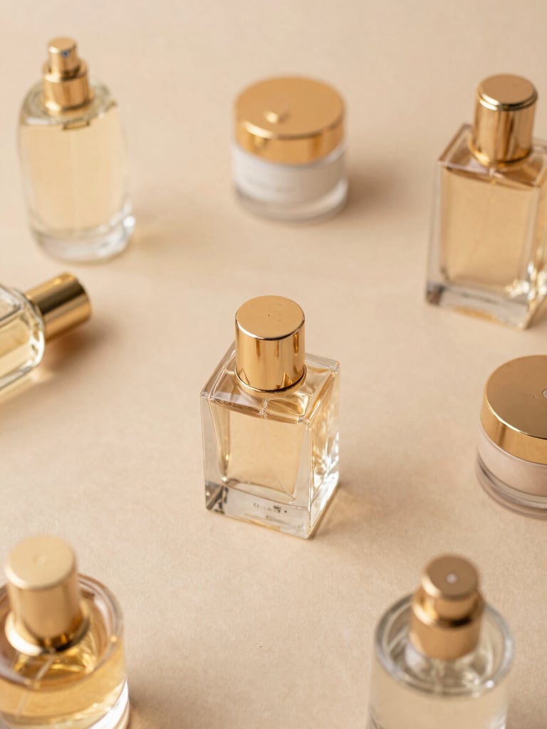Overhead flat lay of elegant glass perfume bottles and gold-capped cosmetic jars on a warm nude surface, soft diffused studio light