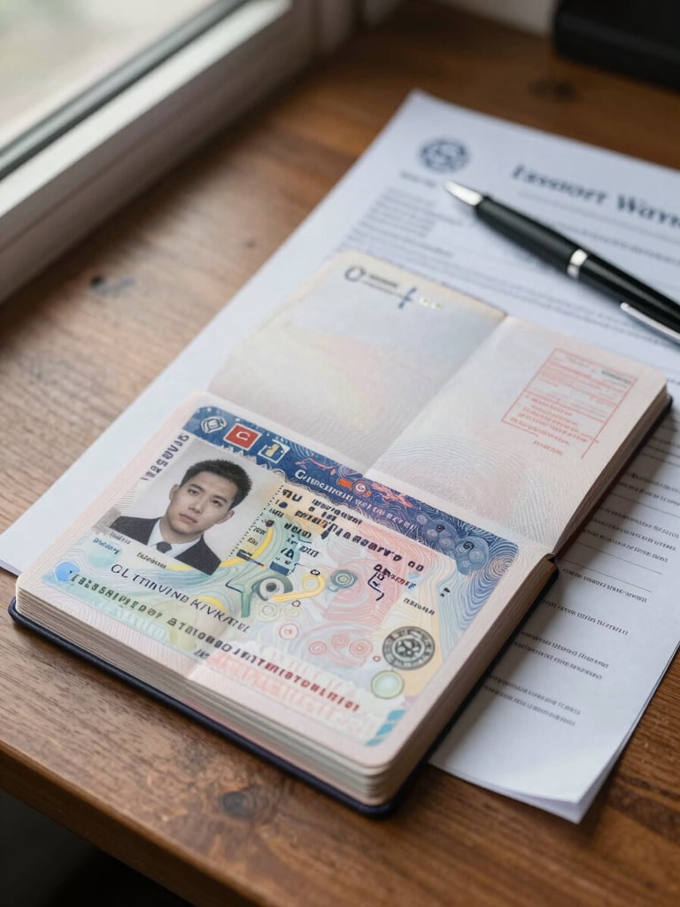 Close overhead view of an open passport resting on a wooden consultation desk beside printed visa documents and a pen, natural window light from the left, crisp detail on the passport photo page and entry stamps, no faces visible
