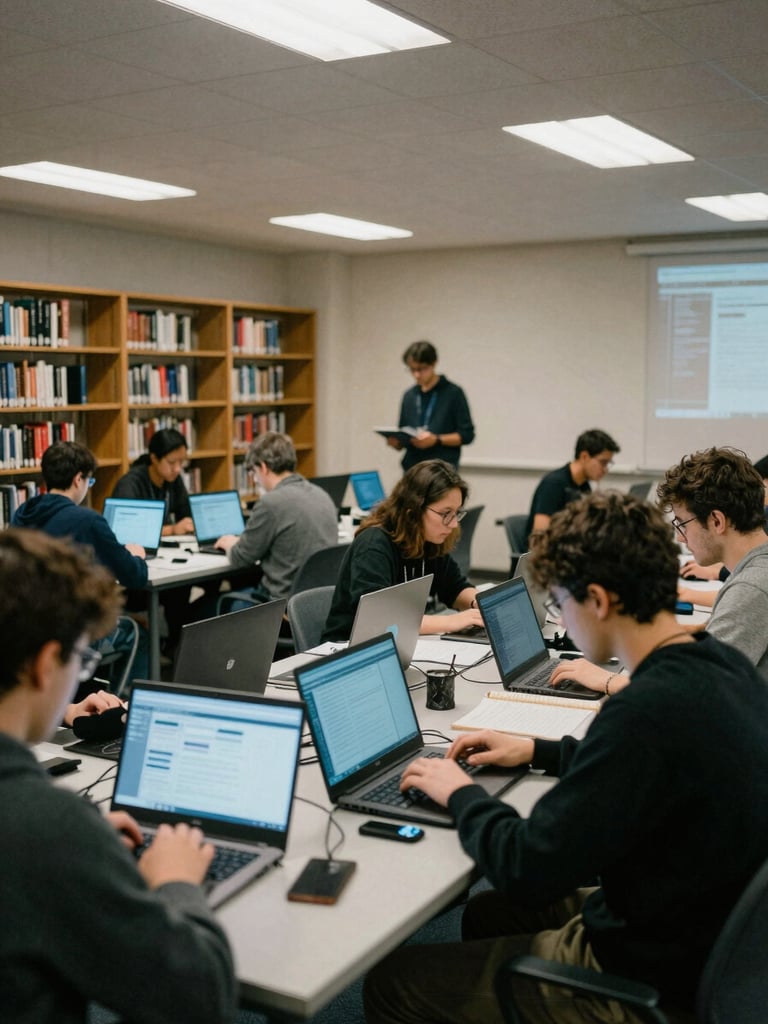 Wide shot of collaborative hacking session at a library technology conference, programmers working on laptops under cool screen glow, academic environment