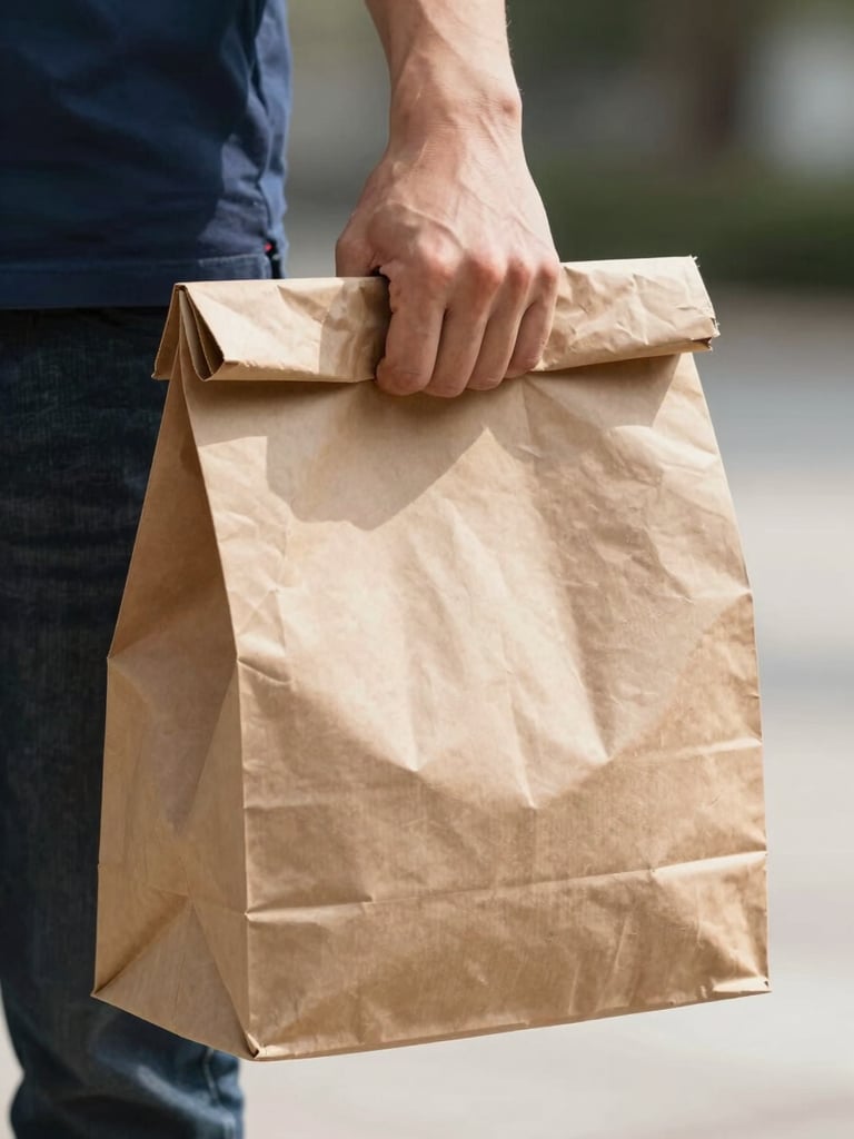 A professional courier's hand holding a sleek, unmarked brown paper delivery bag, bright daylight, close-up framing.