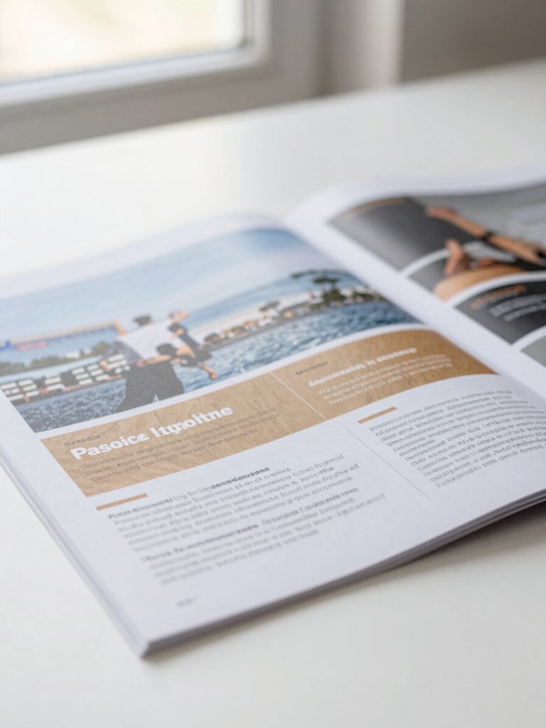 Close-up of a printed campaign spread laid flat on a clean white surface under soft natural window light, showing precise typographic layout and brand color blocks, sharp detail on ink texture