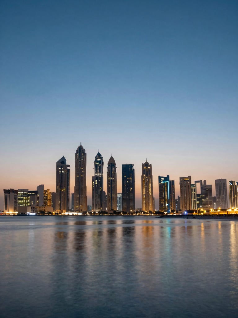 Wide panoramic view of Dubai's skyline at dusk from across the water, glowing towers reflected in still water, cool blue and gold city glow, low horizon line, generous sky above, cinematic 21:9 framing