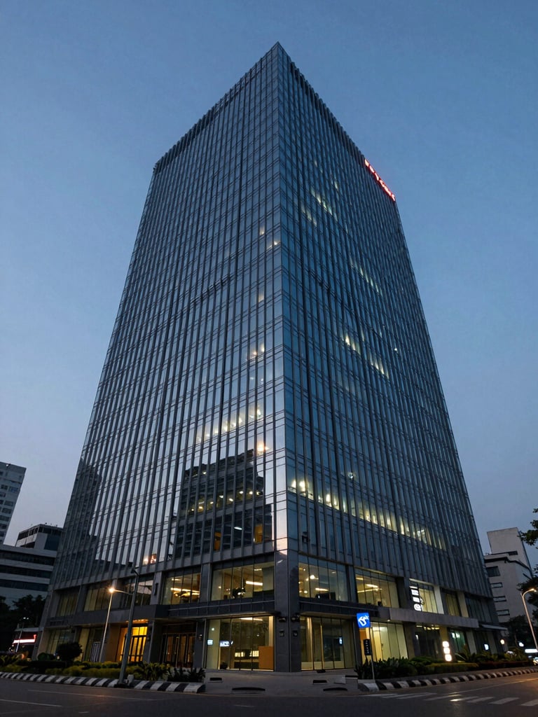 Wide shot of a modern glass-fronted office tower in Dhaka at dusk, cool blue glass facade reflecting city lights, low angle showing urban scale, empty foreground street, cinematic framing