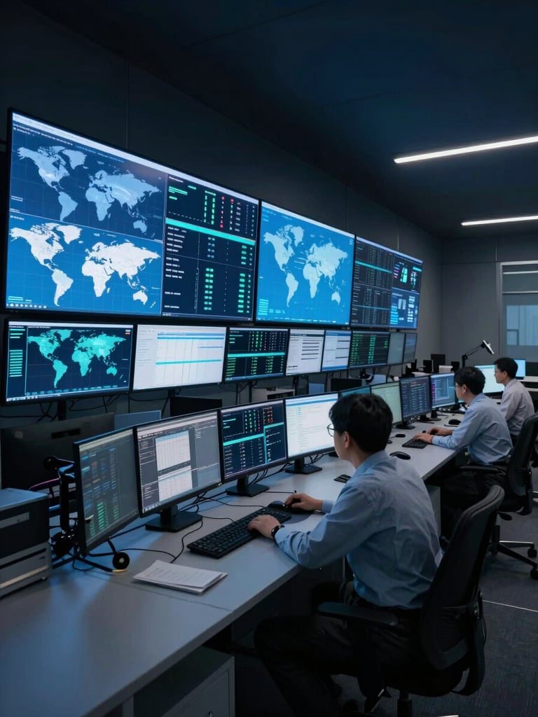 Wide-angle view of a modern enterprise operations center at night, multiple large monitors displaying live dashboards and global maps, cool blue and cyan screen glow, a lone engineer reviewing data at a workstation, deep navy environment with subtle ambient light