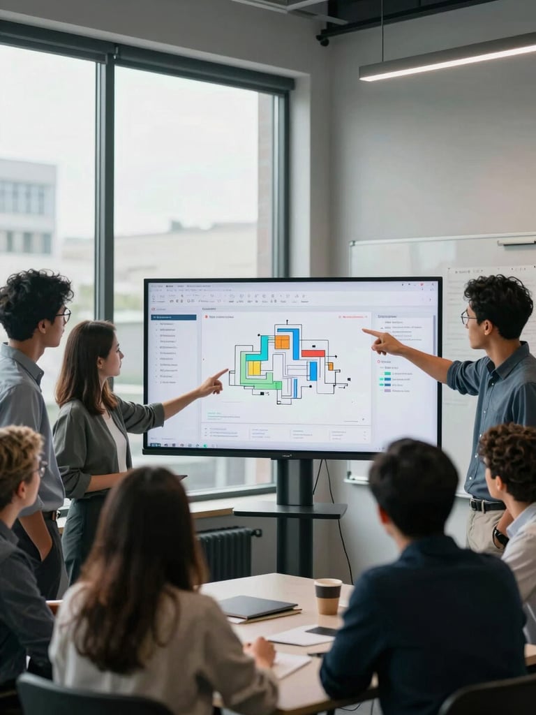 Wide shot of a multicultural team gathered around a large monitor displaying enterprise dashboard data, pointing at architecture diagrams pinned to a whiteboard, cool north-facing office daylight, screen glow as secondary light source