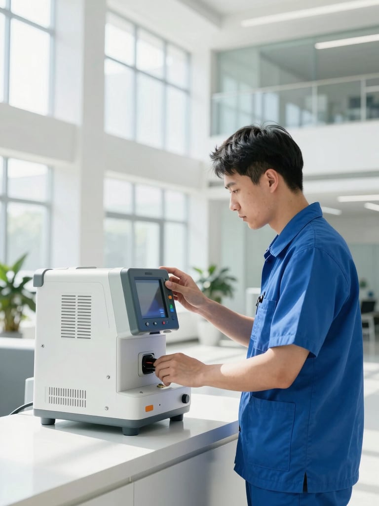 A professional technician in clean attire calibrating a digital air monitoring instrument inside a bright, modern commercial lobby with high-key daylight.