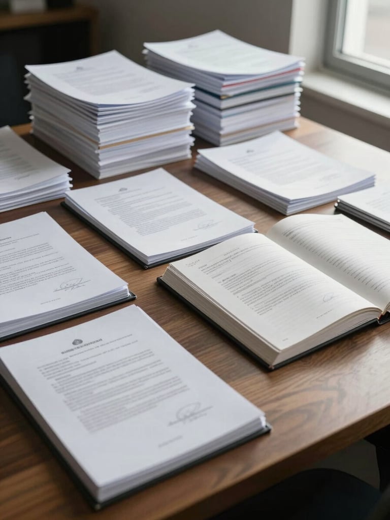 Wide shot of an organized office desk seen from the left side, stacks of notarized documents and open ledger folders arranged in order, soft north-facing daylight entering from a window at the far right edge, no people visible, muted tones of white paper and dark binding