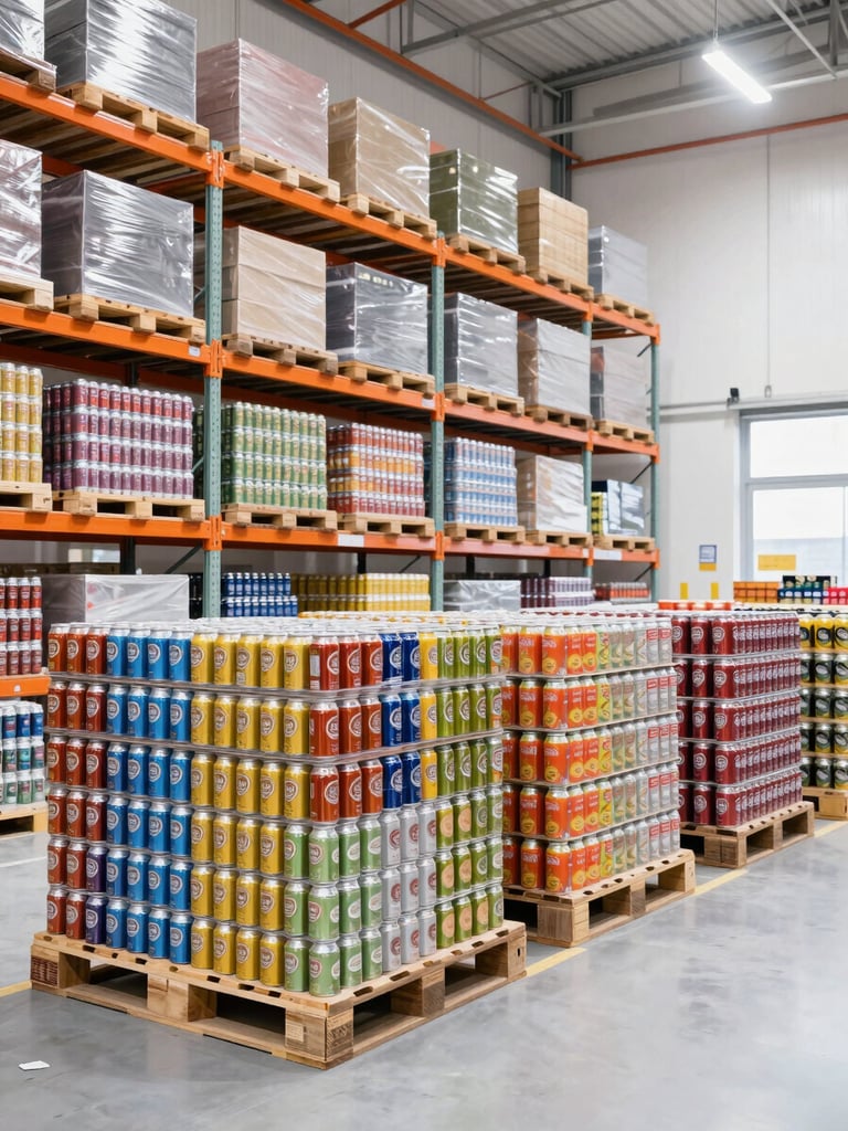 Wide organized warehouse interior with clean modern logistics equipment, temperature-controlled storage racks, and stacked pallets of colorful beverage cans, bright high-key lighting, sharp focus.