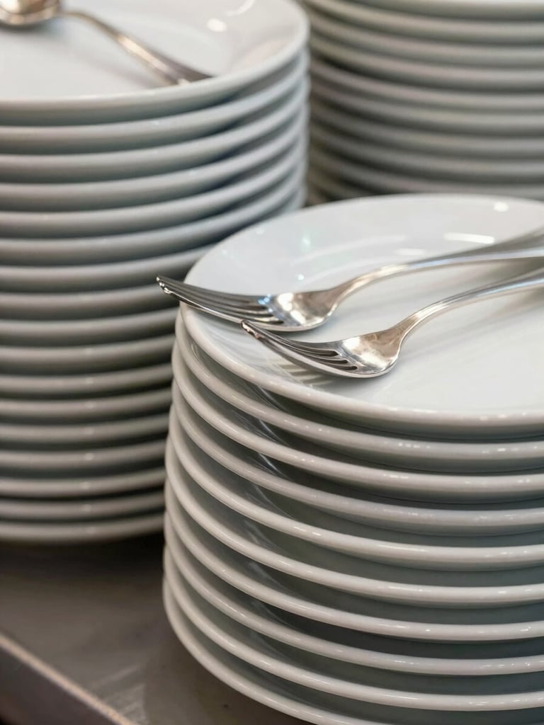 A close-up architectural shot of neatly stacked, spotless white ceramic plates and polished silver cutlery on a neutral surface