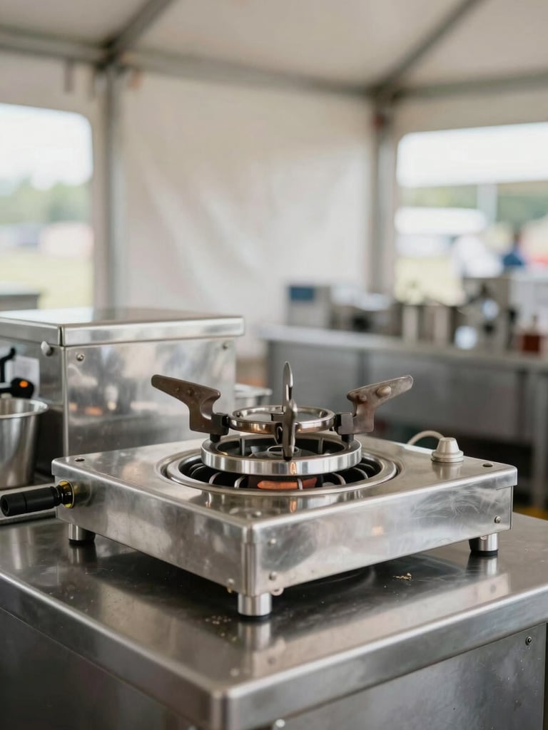 A pristine commercial-grade stainless steel burner and catering setup, clean and ready for service inside a professional tent