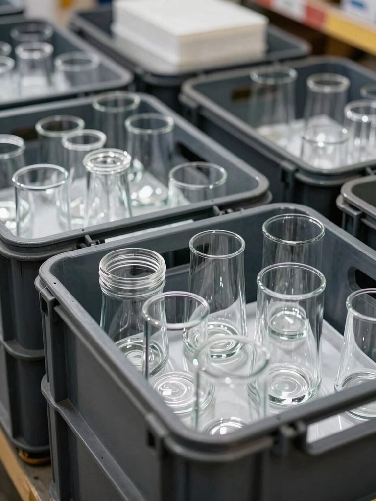 Close-up of neatly organized stacks of polished glassware in heavy-duty transport crates, bright clean warehouse lighting.
