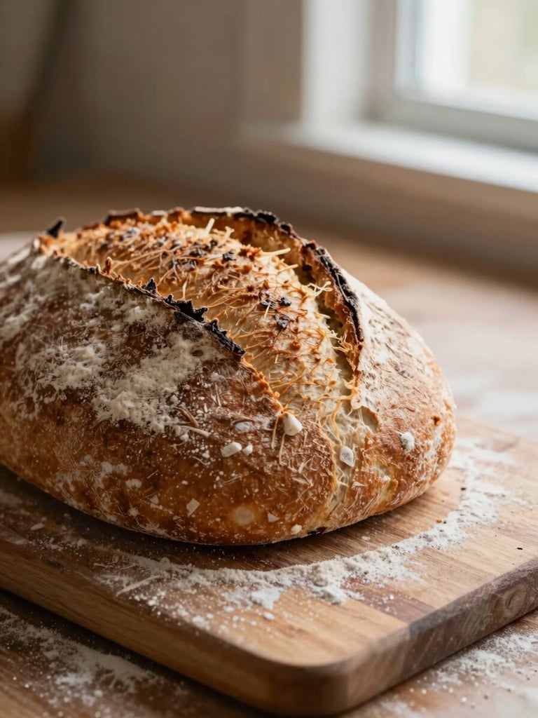 Close-up shot of a fresh loaf of rustic sourdough bread being sliced on a wooden board, flour dusting the surface, warm morning light
