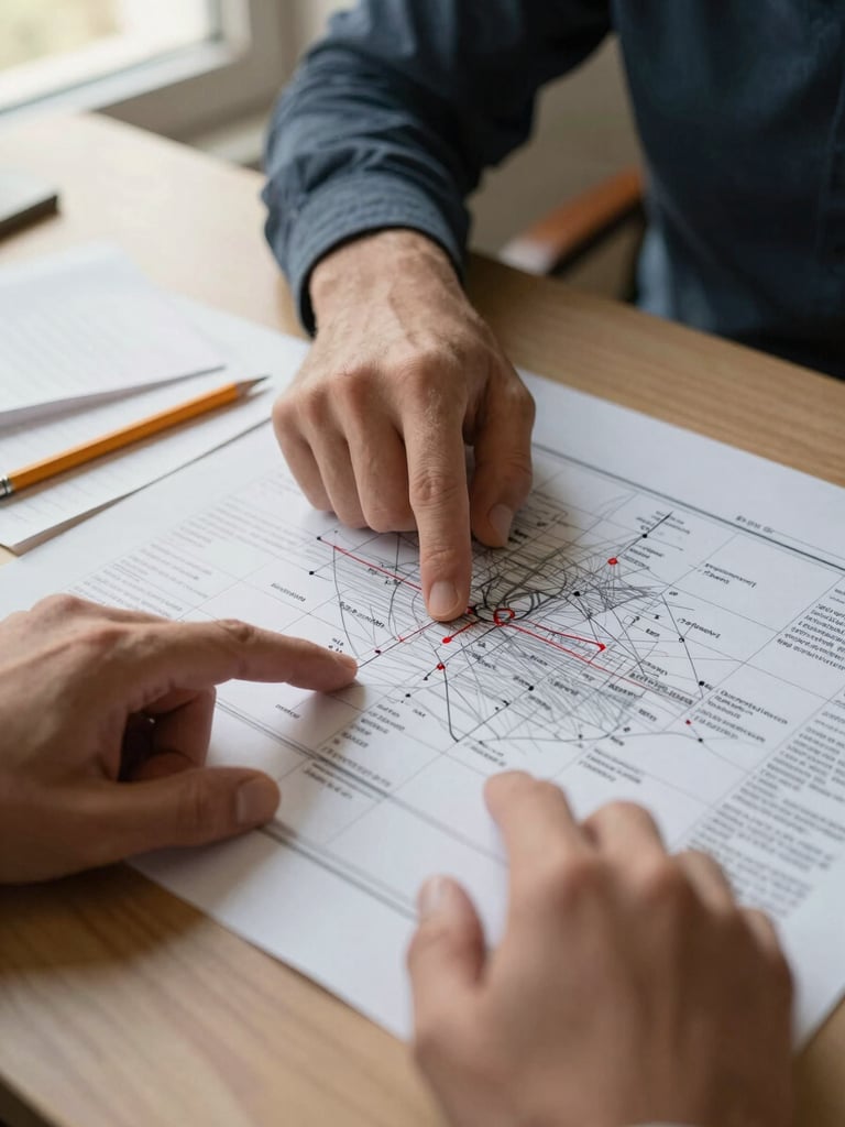 Hands of a founder pointing at a printed roadmap on a desk, a pencil nearby, notes written in the margins, warm window light from above left, close-up framing, no faces, documentary style