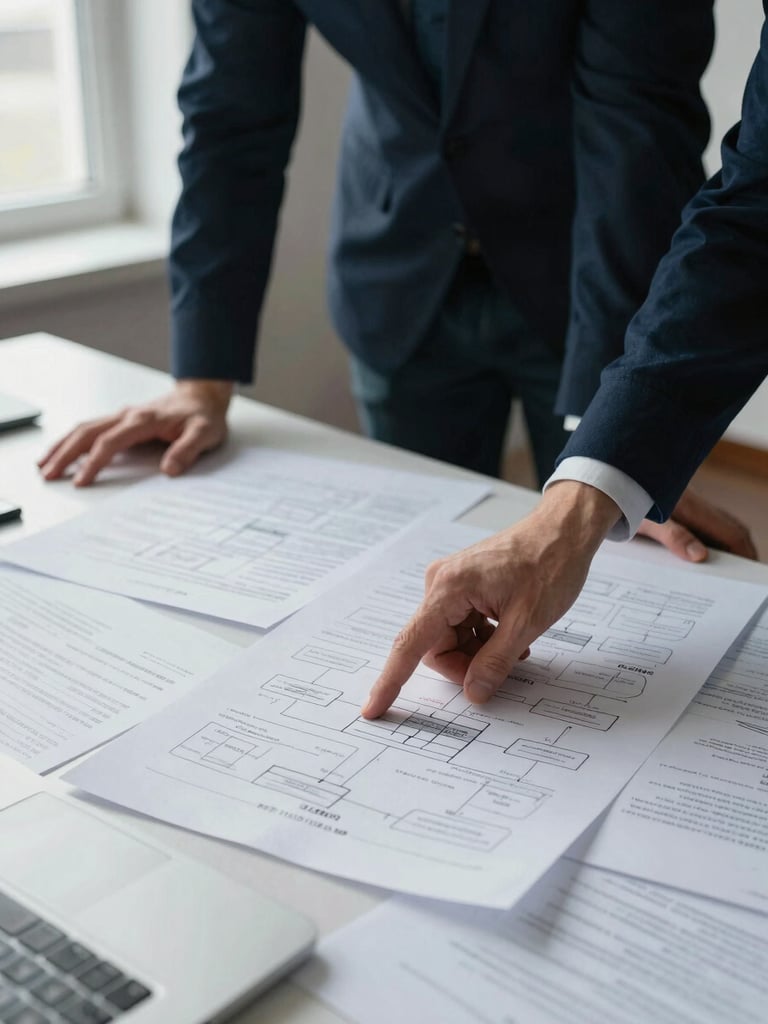 Close mid-shot of two people leaning over a desk covered in annotated strategy documents, one hand pointing at a hand-drawn framework, natural window light from the left, documentary style, no faces visible