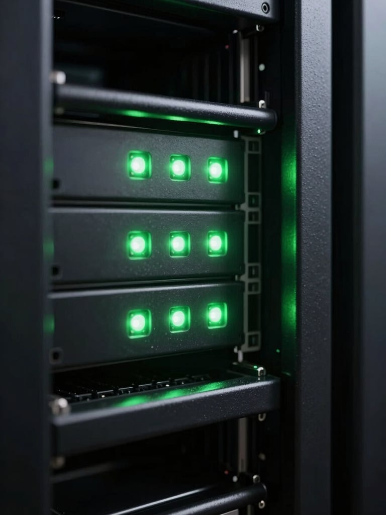 Extreme close-up of a server rack in a dark room, sharp green LED indicator lights casting a soft glow on metallic edges, high-contrast, minimalist composition.
