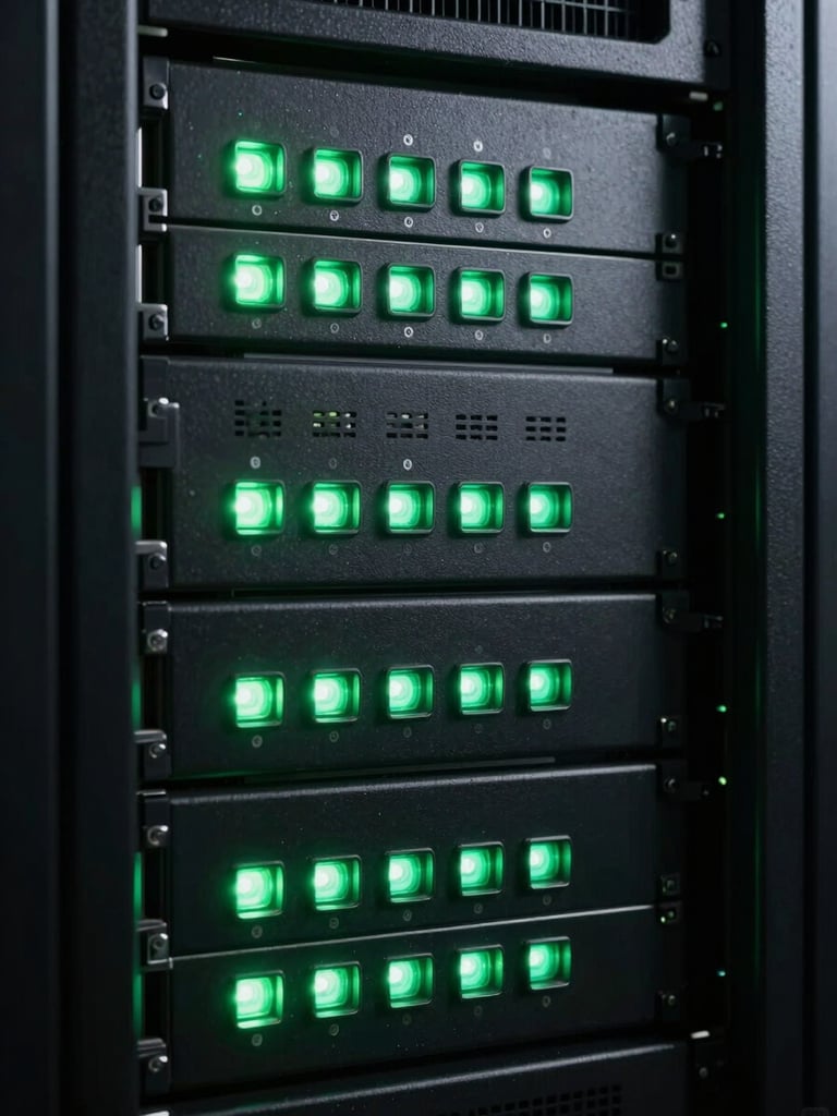 A high-contrast, close-up of server rack status lights glowing terminal green in a dark datacenter, sharp shadows.