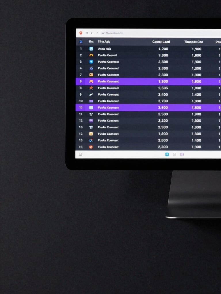 Extreme close-up overhead flat-lay of a Meta Ads campaign dashboard on a dark monitor, real data rows and cost-per-lead metrics visible, cool studio strobe lighting, deep charcoal surface, purple accent glow on active campaign rows, tight crop with purposeful negative space on the left edge