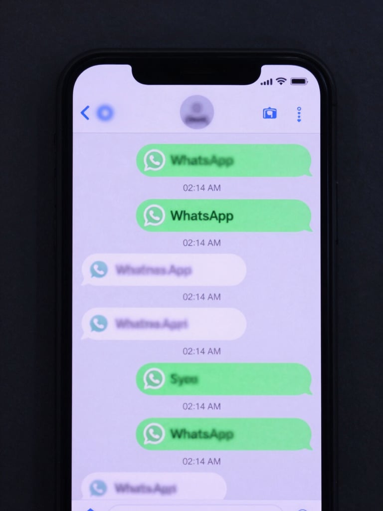 Extreme close-up overhead shot of a smartphone screen showing an active WhatsApp business agent chat with automated response bubbles, timestamps reading 02:14 AM, purple-tinted interface highlights on deep charcoal background, cool studio lighting from directly above, sharp focus on the message thread with motion-blur on notification badges