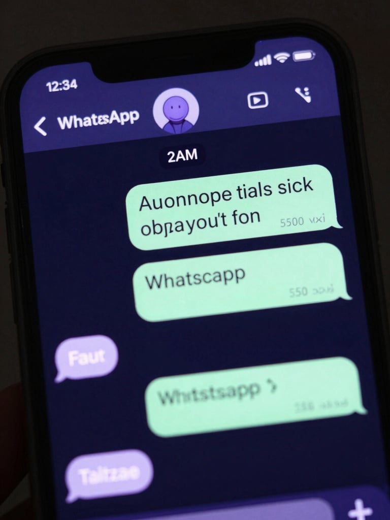 Extreme close-up of a WhatsApp conversation thread on a dark phone screen showing an autonomous agent handling a sales objection at 2am, timestamp clearly visible, cool strobe lighting, purple interface highlight on the agent response bubble, tight crop with minimal background