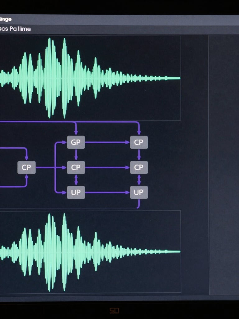Tight overhead shot of a waveform visualization on a dark interface, voice cloning pipeline diagram with labeled nodes, cool studio lighting with high contrast, purple accent lines tracing the audio signal path, no human faces, purposeful negative space on the right edge