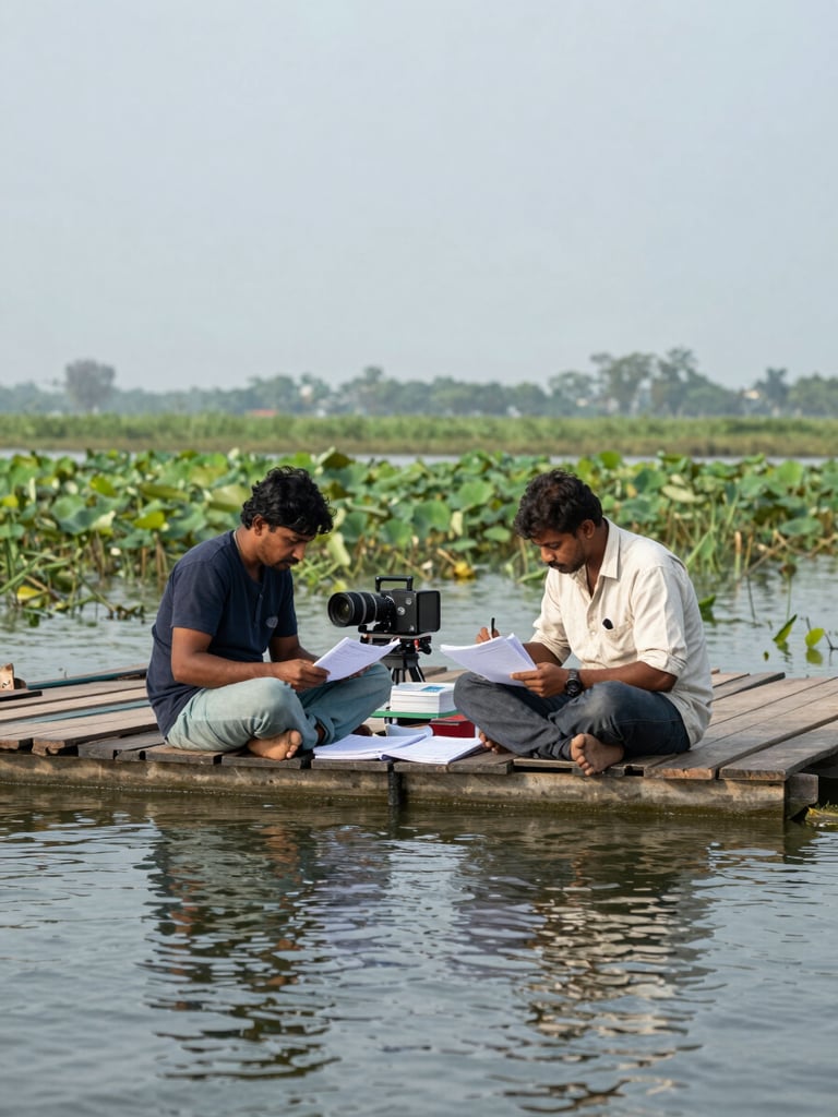 Documentary-style wide shot of two people reviewing field notes at the edge of a haor wetland, Bangladesh — seated on a low wooden platform above water, papers spread between them, broadcast equipment visible in the background, overcast midday light, water texture visible in the foreground, no posed expressions, candid working moment