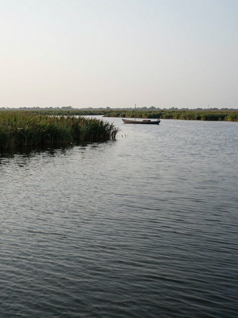 Wide environmental frame of a haor wetland at overcast midday — still water stretching to the horizon, dense reeds at the far left edge, a fishing boat resting in the middle distance, soft diffused light revealing the water's texture and the muted greens and greys of the landscape; no people posed, no drone elevation, shot from water level with the horizon placed at upper third