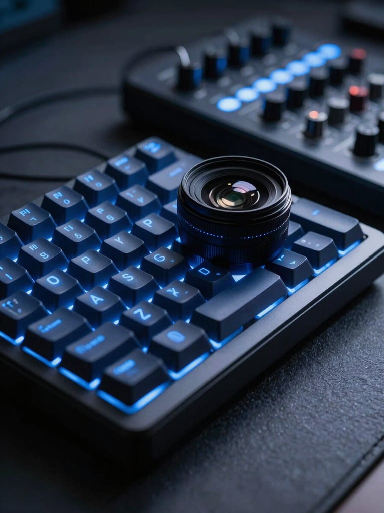 Macro shot of a high-end mechanical keyboard and mixing board in a low-key studio setting, electric blue glow, 35mm lens