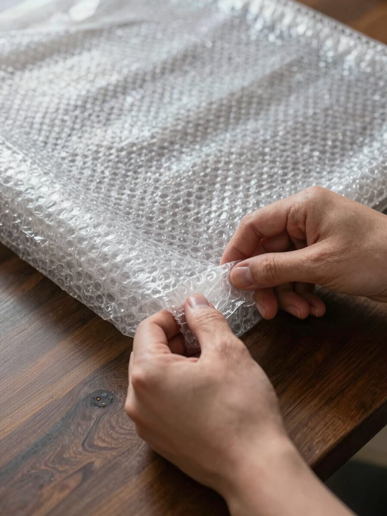 Tight macro shot of hands wrapping the corner of a dark wood dining table with thick bubble wrap, bright clean daylight, high contrast.