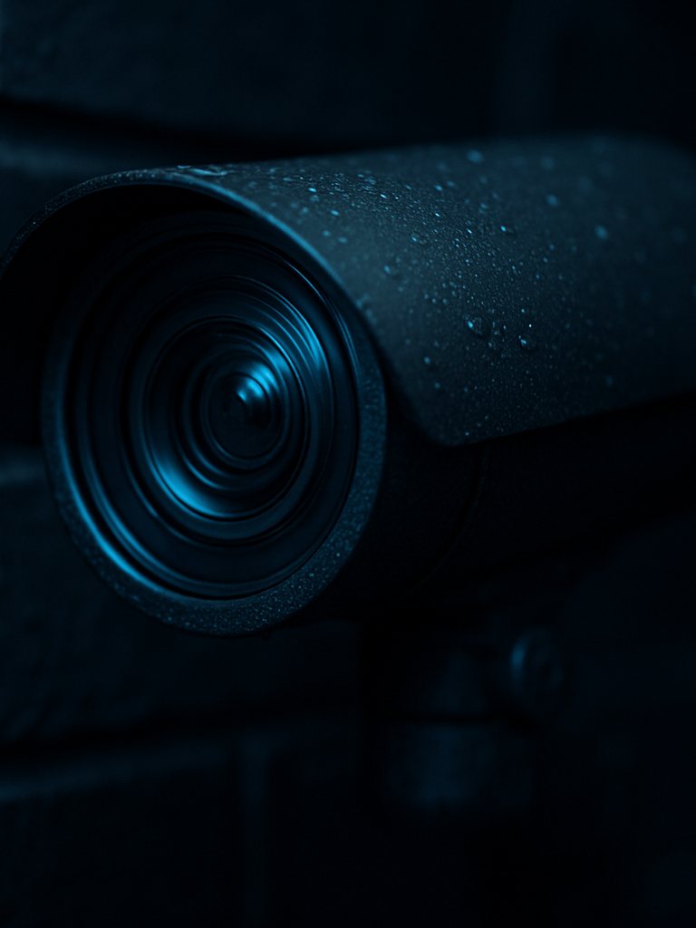 Close macro of a surveillance camera lens mounted on a dark brick commercial facade, shallow depth of field, cool blue studio lighting catching the glass lens element, near-black background, moisture visible on the housing