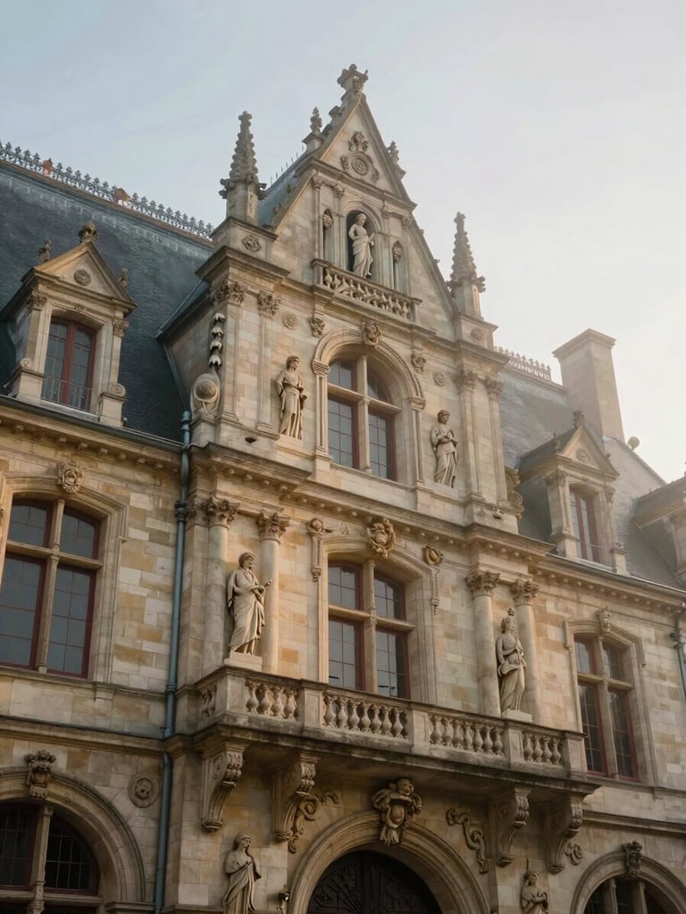 Vue verticale de la façade en pierre sculptée de l'Hôtel de Ville de La Bourboule, détails d'architecture Belle Époque sous une brume matinale dorée.
