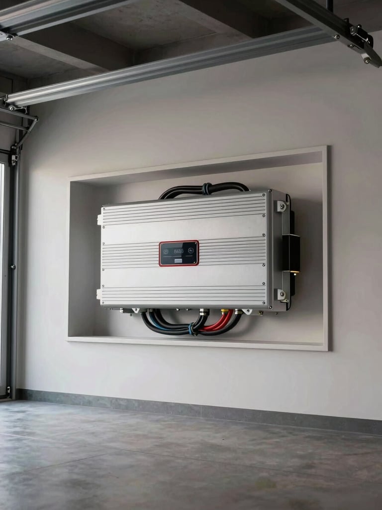 Clean modern garage interior of a luxury estate showing a pristine, flush-mounted inverter installation with neat internal wiring, low-angle soft lighting.