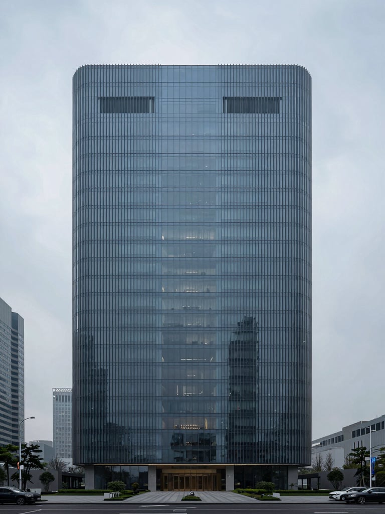Minimalist architectural photography of a modern high-end boardroom in a global financial center, cool overcast daylight, desaturated blue and charcoal tones, sharp focus.