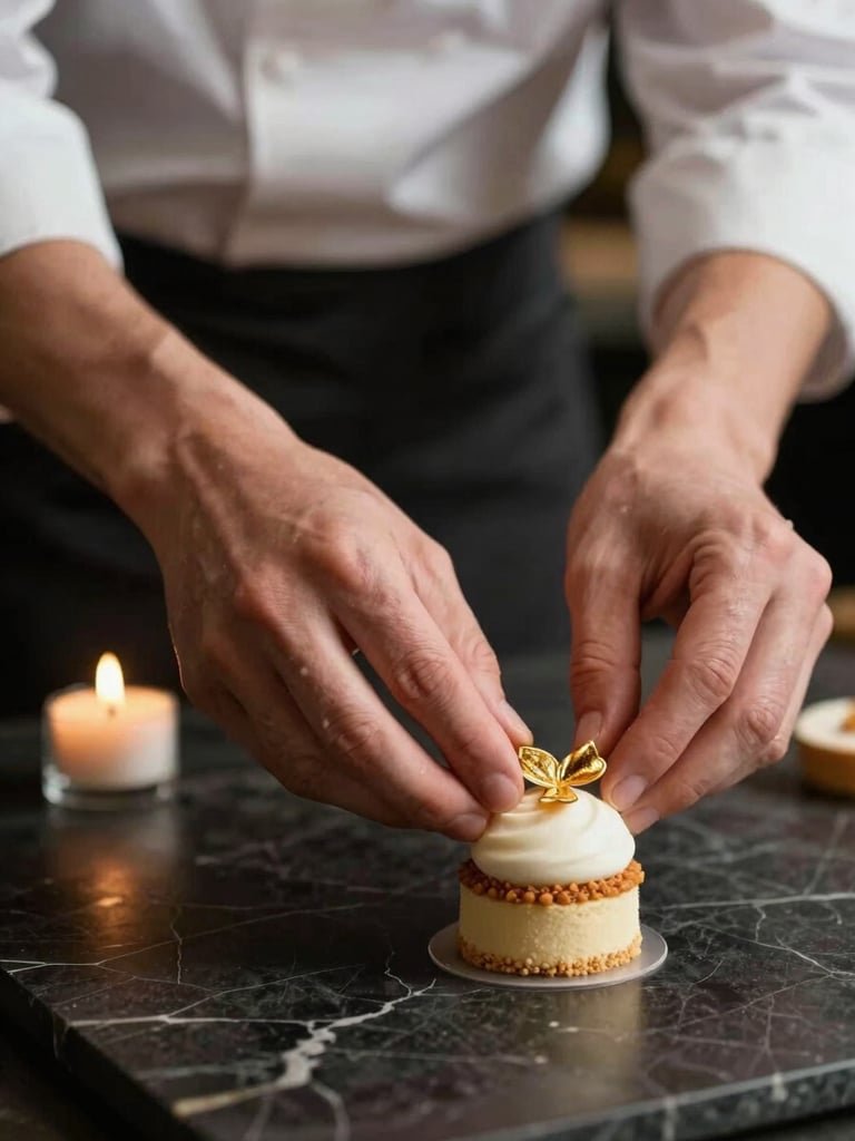 Portrait-oriented close-up of a chef's hands delicately positioning a champagne gold edible accent on a wedding dessert course, dark marble surface, single candle flame bokeh in the background, side-lit with warm studio strobe, precise and deliberate composition