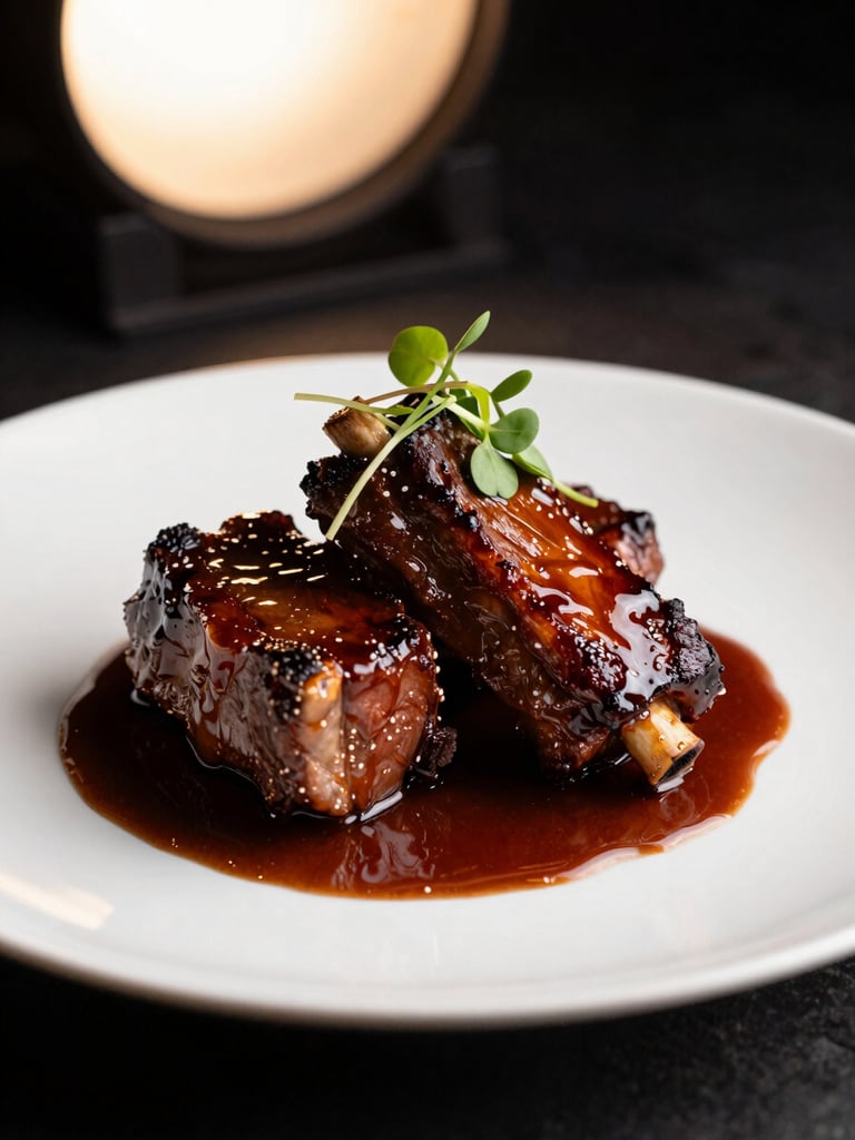 Close-up of a braised short rib entrée on a white bone-china plate, dark mahogany jus pooled to one side, micro-greens placed with precision, dramatic back-lit warm studio strobe, deep shadow behind, shallow depth of field emphasizing the meat's lacquered surface