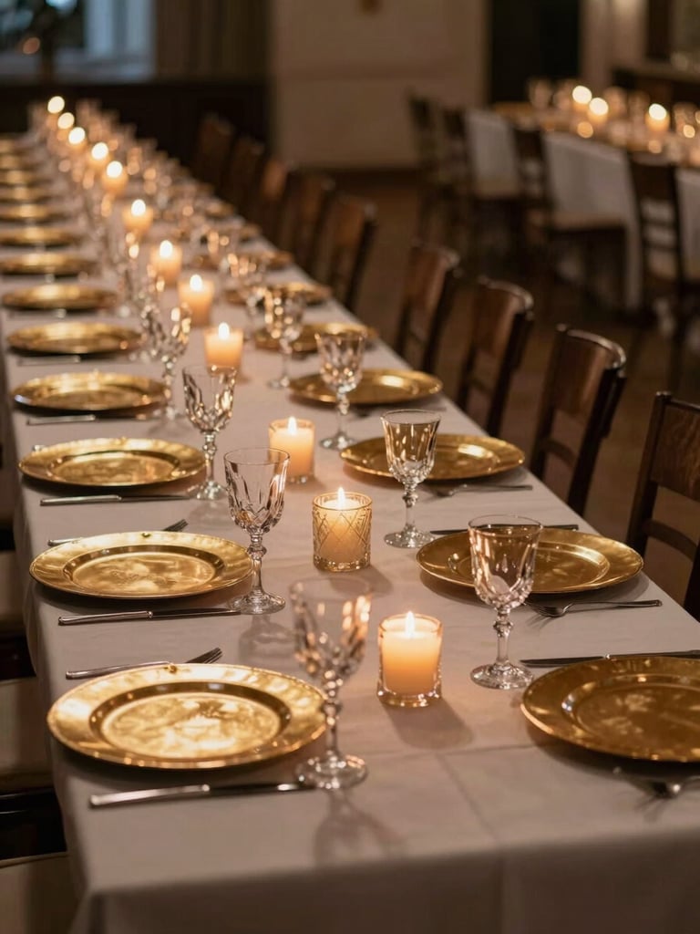 Wide environmental shot of an elegantly set banquet table inside a dimly lit venue hall, warm amber candlelight catching the rim of crystal stemware and gold charger plates, deep shadow filling the far end of the table, side-lit from the left, no people visible