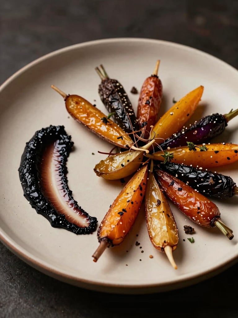 Close-up of a seasonal tasting plate — roasted heirloom root vegetables arranged in a radial pattern on a cream plate, a smear of black garlic purée to one side, autumn herbs scattered with intention, warm amber side-light, dark moody background