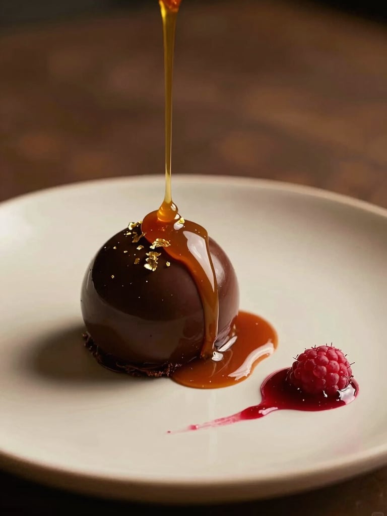 Side-lit macro shot of a plated dessert — a dark chocolate sphere beginning to melt under a warm caramel pour, flecks of edible gold leaf catching the light, cream-colored plate with a single brushstroke of raspberry coulis, moody warm studio background