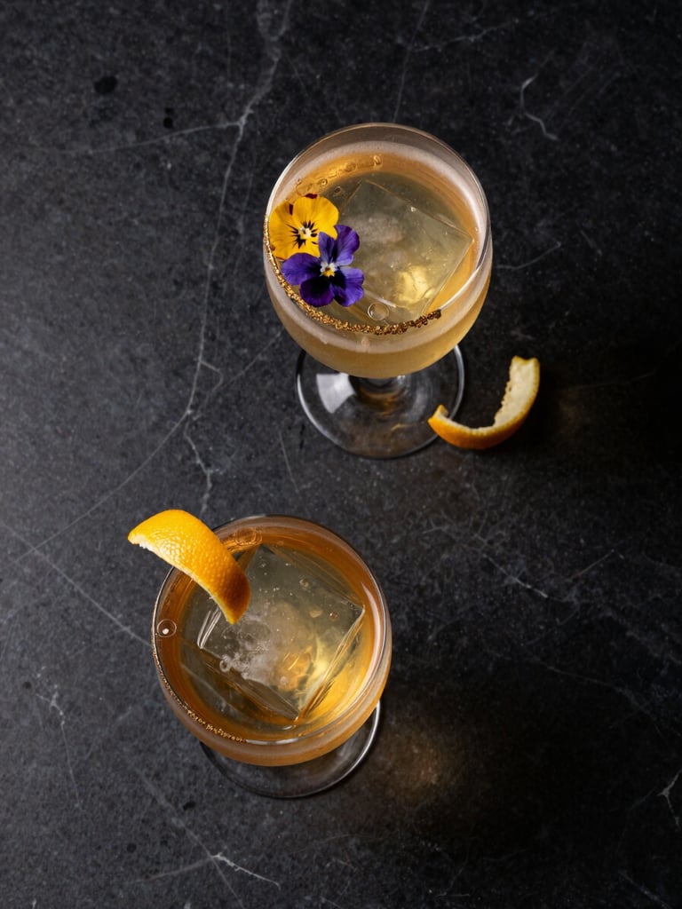Overhead flat-lay of two handcrafted cocktails on a dark marble surface, one with a champagne gold rim and edible flower garnish, amber liquid catching warm back-light, a thin curl of citrus peel, negative dark space surrounding both glasses