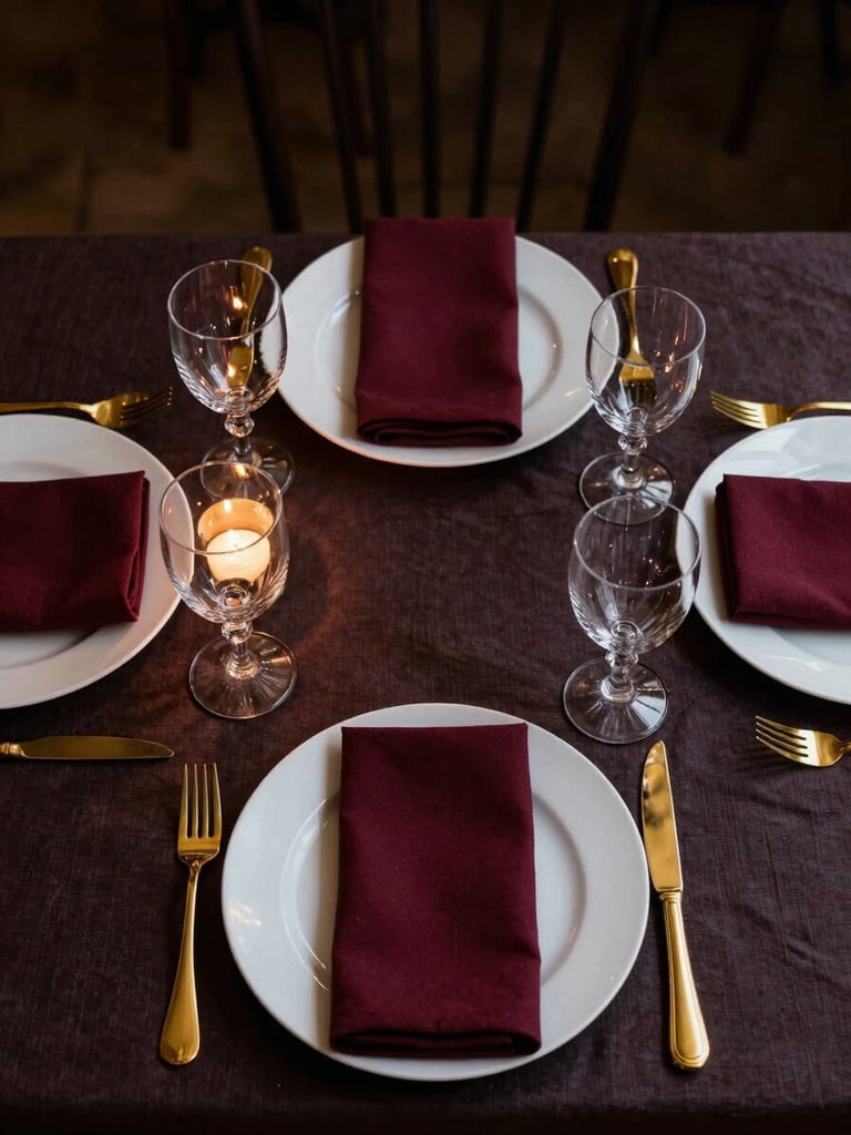 Overhead flat-lay of an elegantly set banquet table — bone-white charger plates, polished gold cutlery, deep burgundy napkins folded with precision, crystal stemware catching warm ambient candlelight, dramatic side-lighting from the left, dark linen tablecloth, generous negative space at the top of the frame