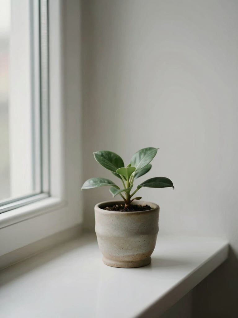 Minimalist fine art photography of a quiet room corner with a single green plant in a handmade ceramic pot, soft daylight streaming from a window, muted tones, shallow depth of field