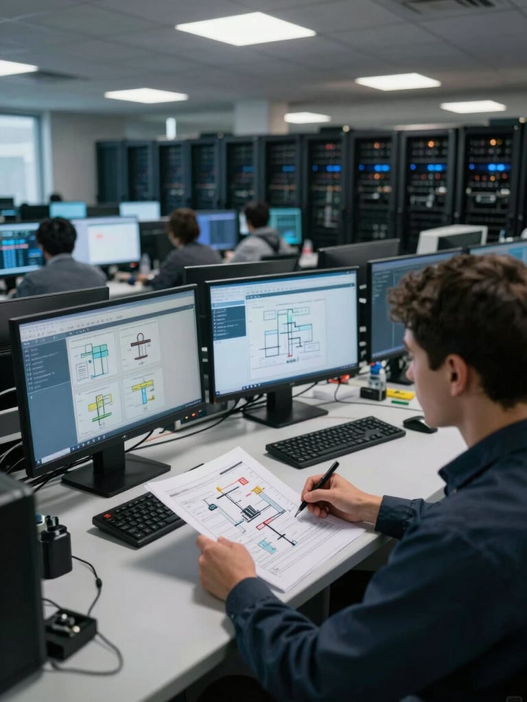 Wide interior of an enterprise operations floor, rows of workstations with active dashboards on screens, cool directional overhead lighting casting sharp shadows, a technician reviewing printed infrastructure diagrams in the foreground, deep background showing server rack corridors