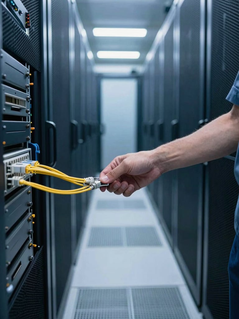 Tight environmental shot inside a data center corridor, rows of illuminated server racks receding into depth, cool blue-white LED light casting sharp parallel shadows on the floor, a technician's hand adjusting a fiber cable connection in the foreground