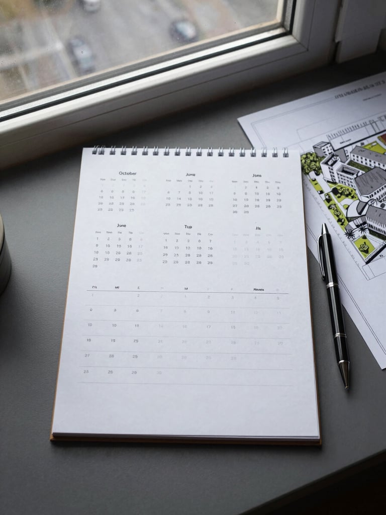 Top-down clean desk layout, a minimalist paper calendar planner showing months October to June, a sleek pen, overcast northern daylight from a window, architectural blueprint of a Dutch campus nearby.